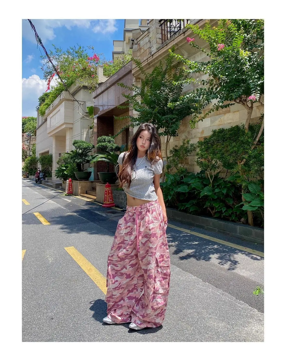American Unique Pink Camouflage Cargo Pants High Waisted Wide Leg Casual Streetwear Drawstring Waist Side Pockets Hip Hop Dance