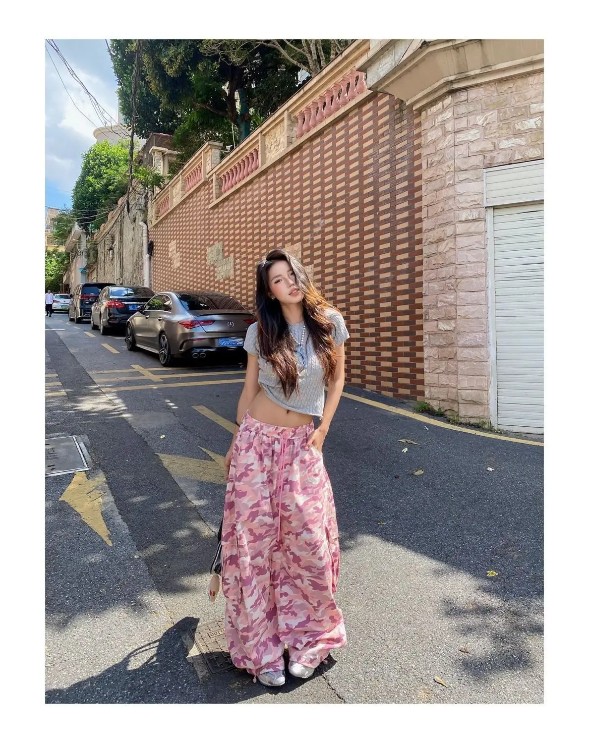 American Unique Pink Camouflage Cargo Pants High Waisted Wide Leg Casual Streetwear Drawstring Waist Side Pockets Hip Hop Dance