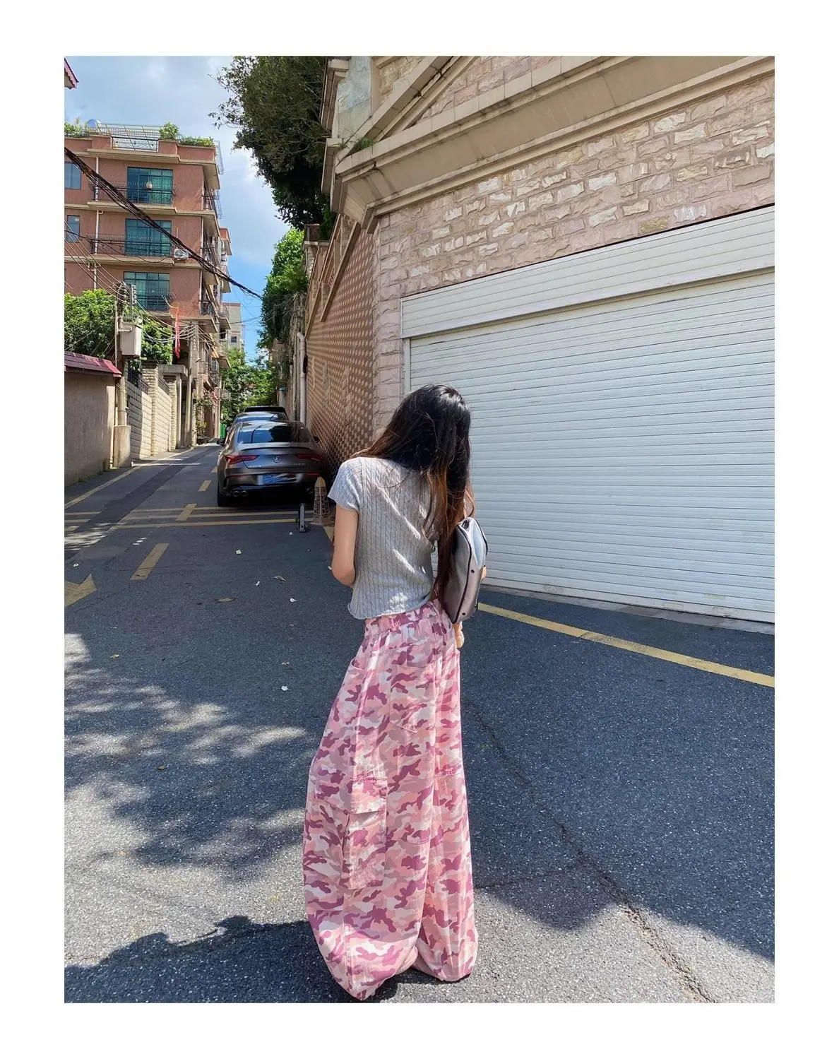 American Unique Pink Camouflage Cargo Pants High Waisted Wide Leg Casual Streetwear Drawstring Waist Side Pockets Hip Hop Dance