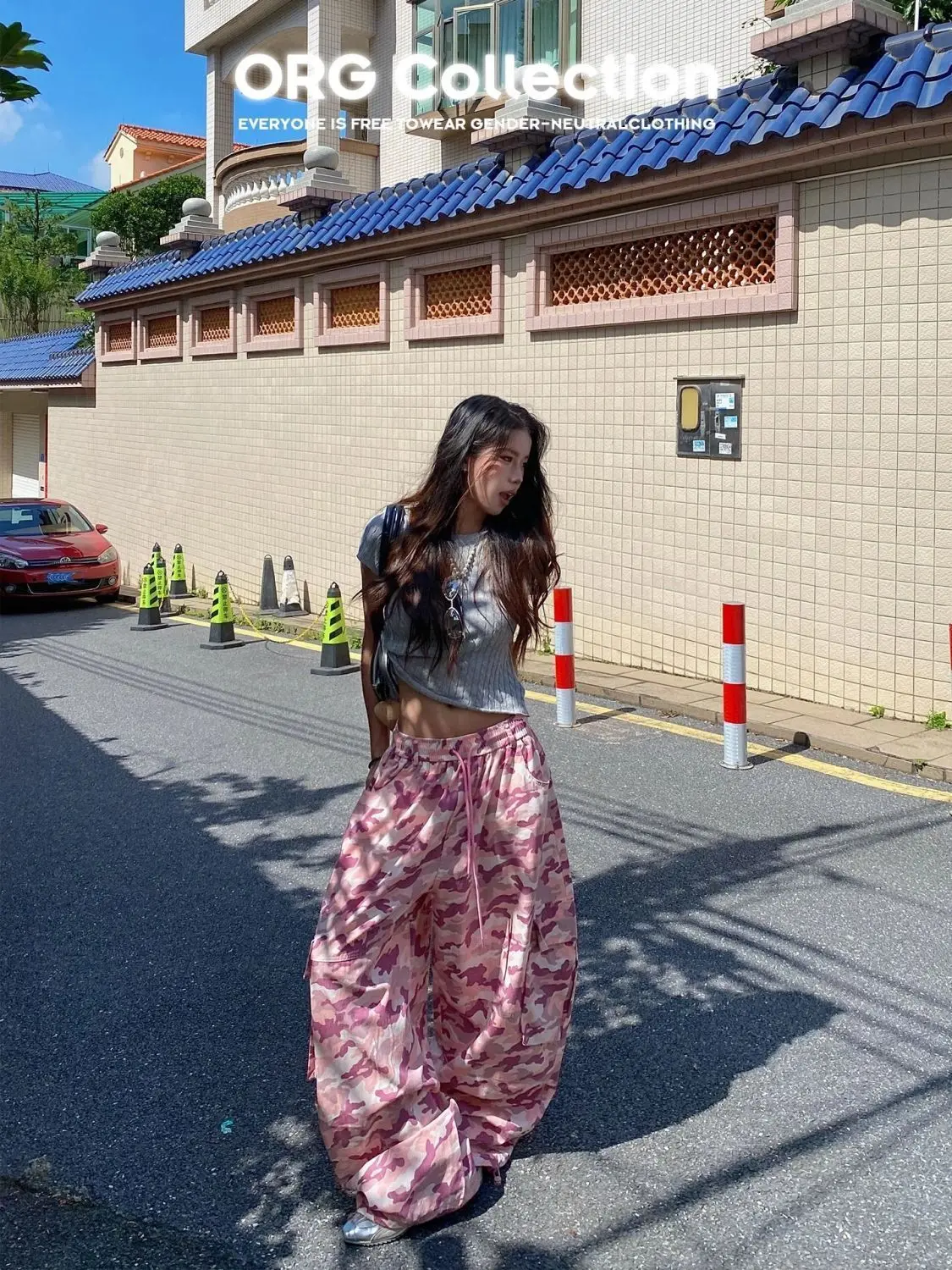 American Unique Pink Camouflage Cargo Pants High Waisted Wide Leg Casual Streetwear Drawstring Waist Side Pockets Hip Hop Dance