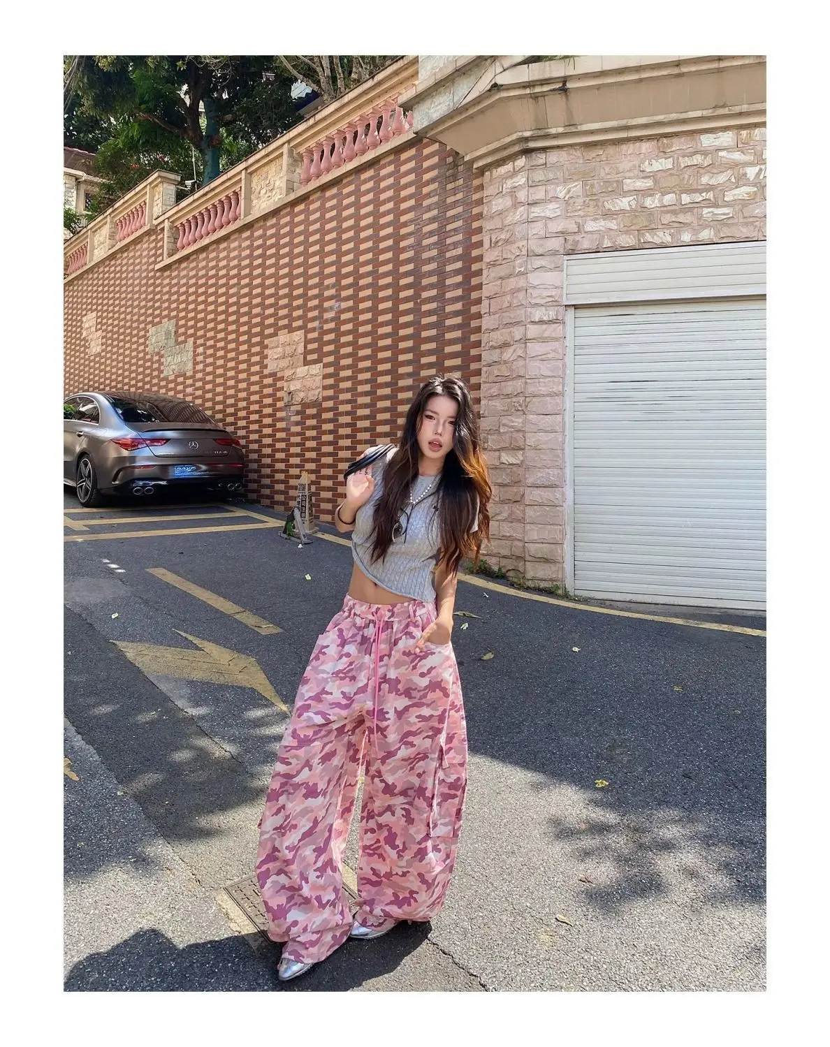 American Unique Pink Camouflage Cargo Pants High Waisted Wide Leg Casual Streetwear Drawstring Waist Side Pockets Hip Hop Dance