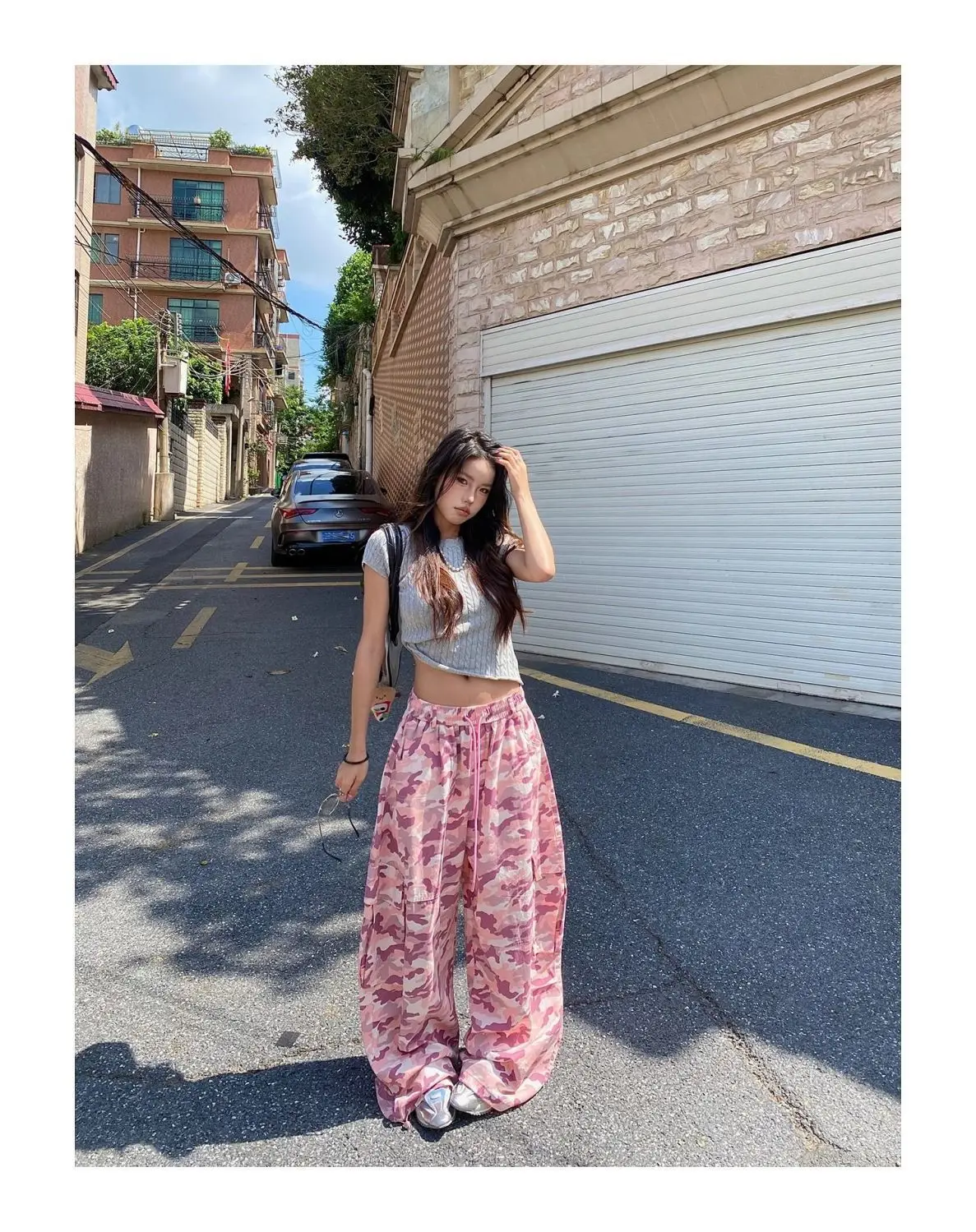 American Unique Pink Camouflage Cargo Pants High Waisted Wide Leg Casual Streetwear Drawstring Waist Side Pockets Hip Hop Dance