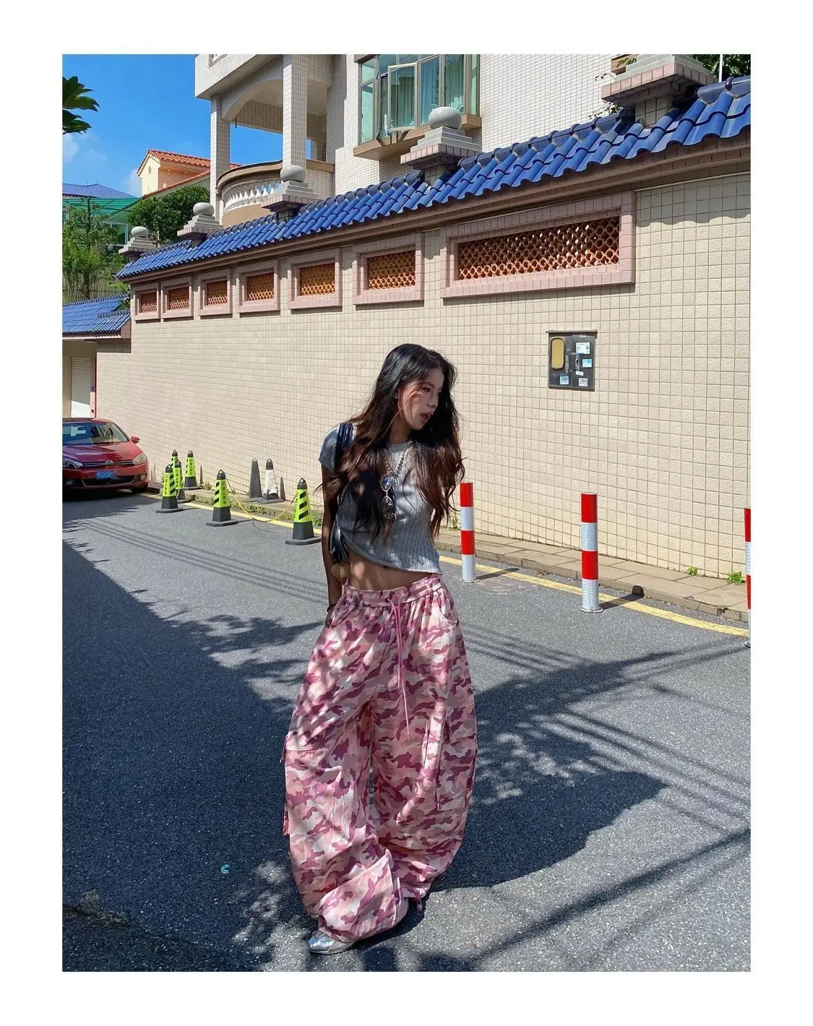 American Unique Pink Camouflage Cargo Pants High Waisted Wide Leg Casual Streetwear Drawstring Waist Side Pockets Hip Hop Dance