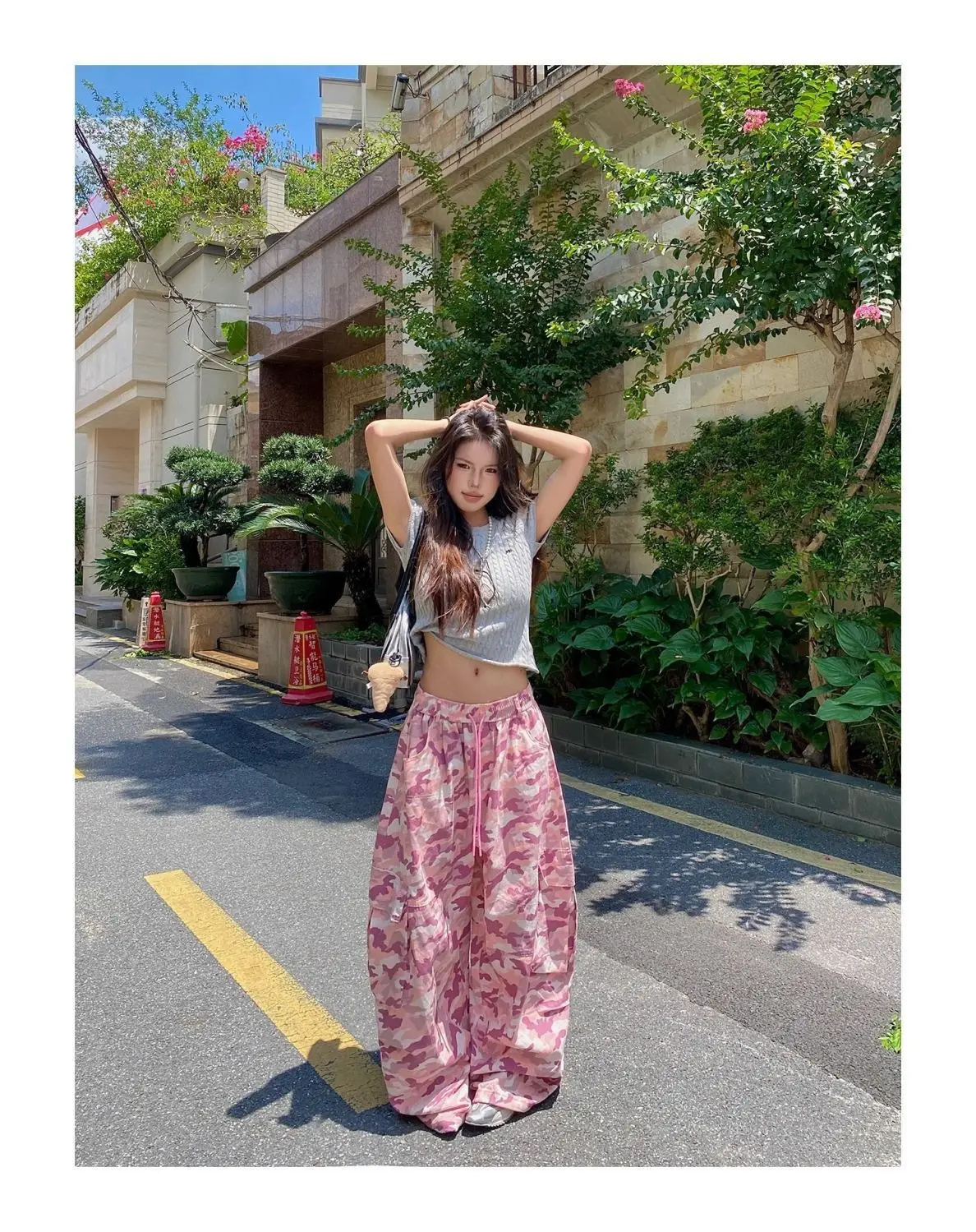 American Unique Pink Camouflage Cargo Pants High Waisted Wide Leg Casual Streetwear Drawstring Waist Side Pockets Hip Hop Dance