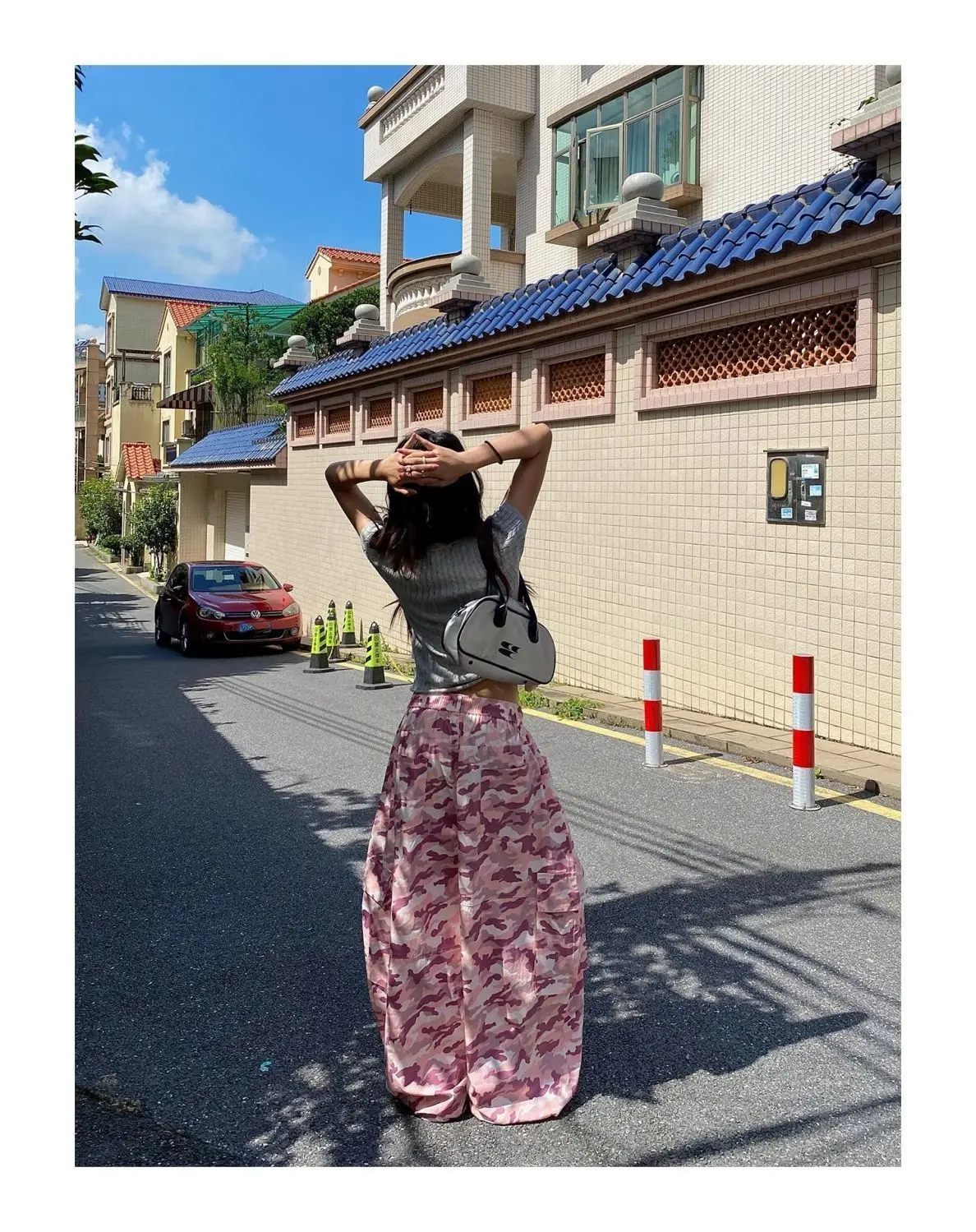 American Unique Pink Camouflage Cargo Pants High Waisted Wide Leg Casual Streetwear Drawstring Waist Side Pockets Hip Hop Dance