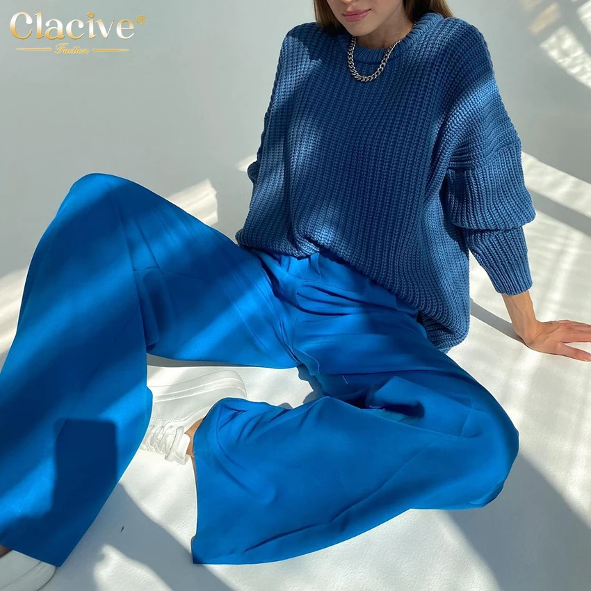 Clacive Blue Office Women'S Pants 2021 Fashion Loose Full Length Ladies Trousers Casual High Waist Wide Pants For Women