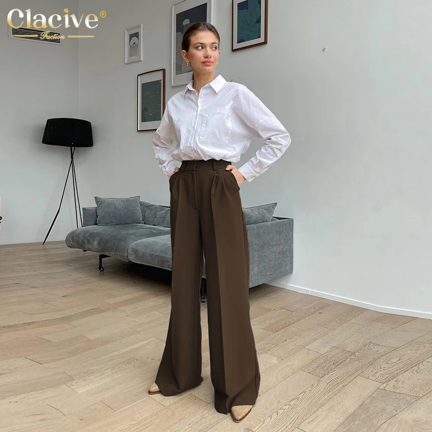 Clacive Blue Office Women'S Pants 2021 Fashion Loose Full Length Ladies Trousers Casual High Waist Wide Pants For Women