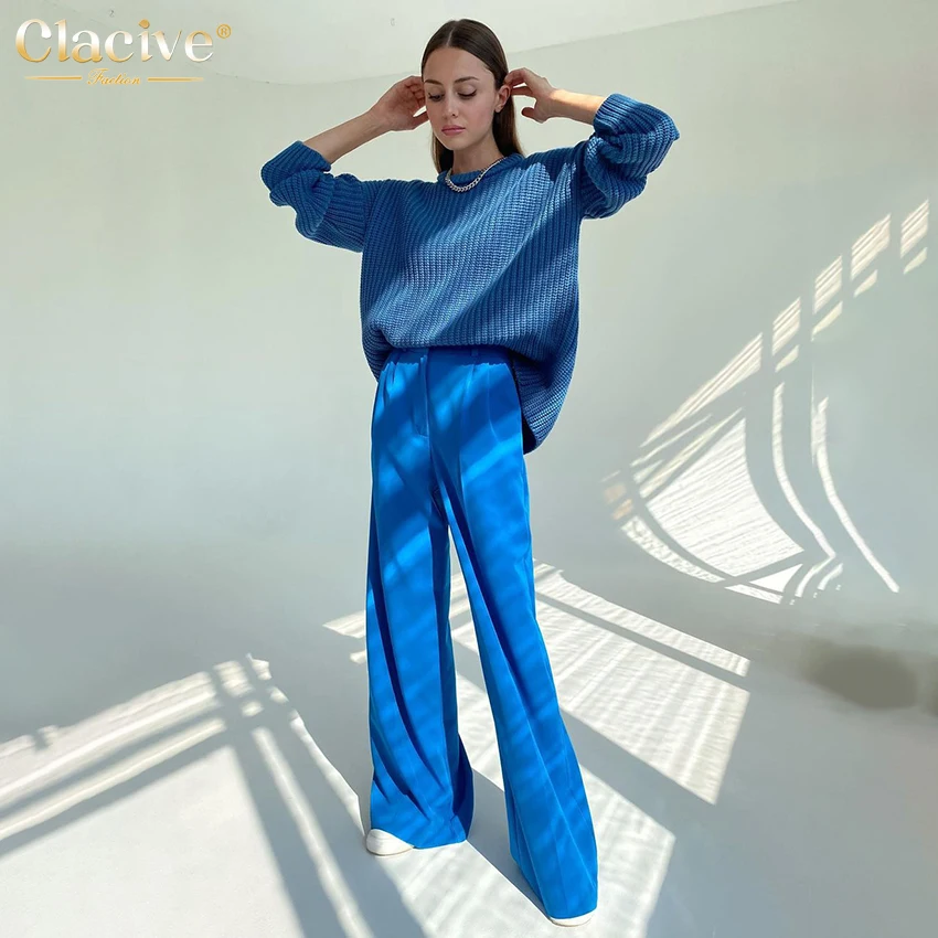 Clacive Blue Office Women'S Pants 2021 Fashion Loose Full Length Ladies Trousers Casual High Waist Wide Pants For Women