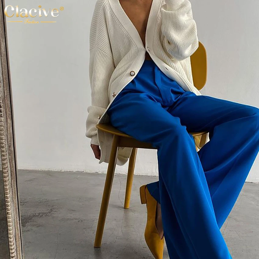 Clacive Blue Office Women'S Pants 2021 Fashion Loose Full Length Ladies Trousers Casual High Waist Wide Pants For Women