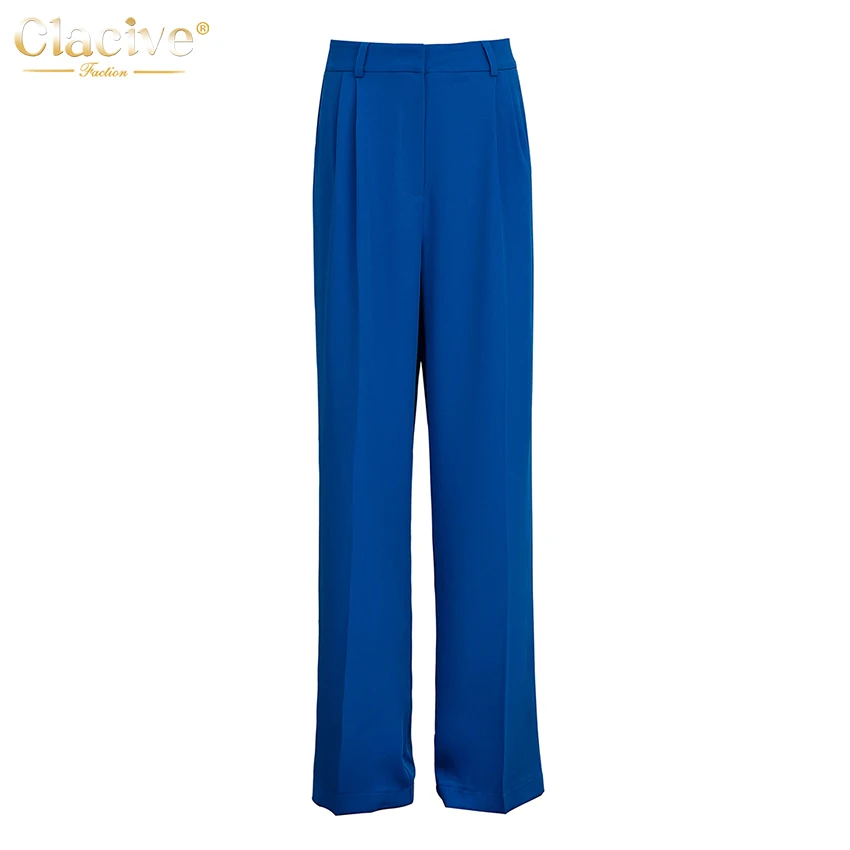 Clacive Blue Office Women'S Pants 2021 Fashion Loose Full Length Ladies Trousers Casual High Waist Wide Pants For Women