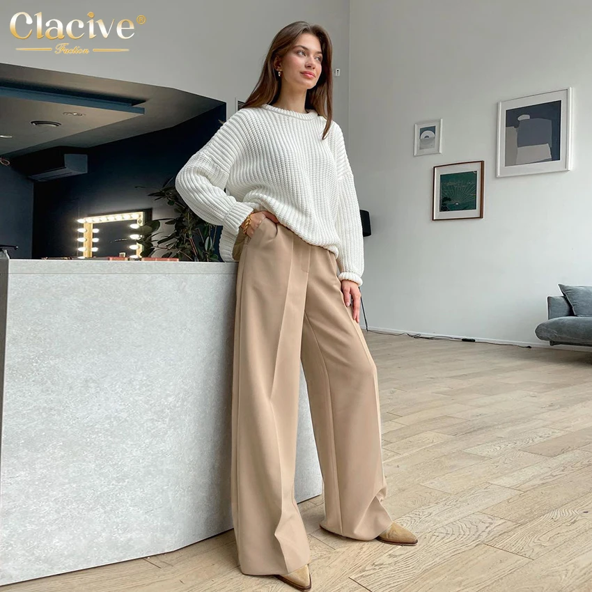 Clacive Blue Office Women'S Pants 2021 Fashion Loose Full Length Ladies Trousers Casual High Waist Wide Pants For Women