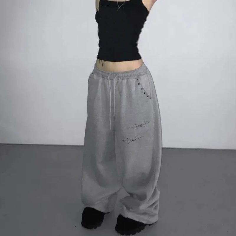 MEXZT Y2K Rivet Sweatpants Women Streetwear Fleece Black Baggy Joggers Harajuku Hip Hop Wide Leg Pants Fashion Casual Trousers