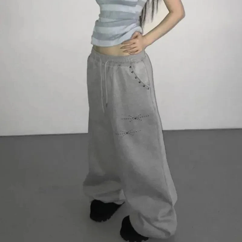 MEXZT Y2K Rivet Sweatpants Women Streetwear Fleece Black Baggy Joggers Harajuku Hip Hop Wide Leg Pants Fashion Casual Trousers