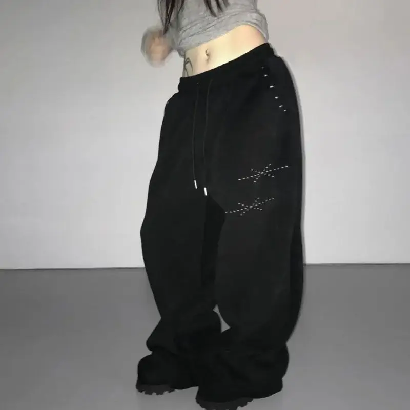 MEXZT Y2K Rivet Sweatpants Women Streetwear Fleece Black Baggy Joggers Harajuku Hip Hop Wide Leg Pants Fashion Casual Trousers
