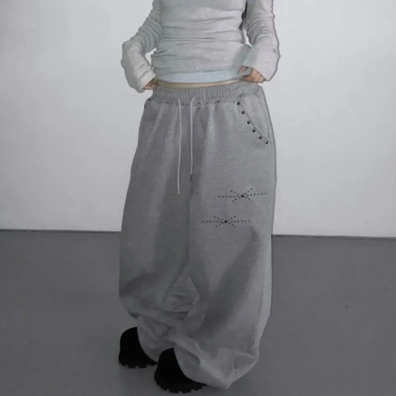MEXZT Y2K Rivet Sweatpants Women Streetwear Fleece Black Baggy Joggers Harajuku Hip Hop Wide Leg Pants Fashion Casual Trousers