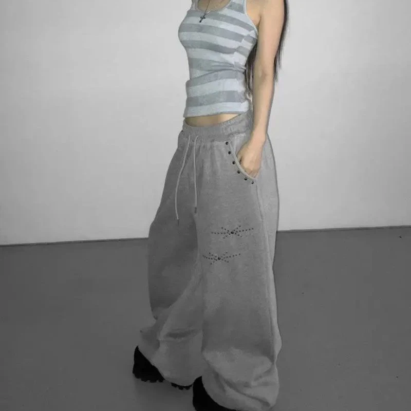 MEXZT Y2K Rivet Sweatpants Women Streetwear Fleece Black Baggy Joggers Harajuku Hip Hop Wide Leg Pants Fashion Casual Trousers