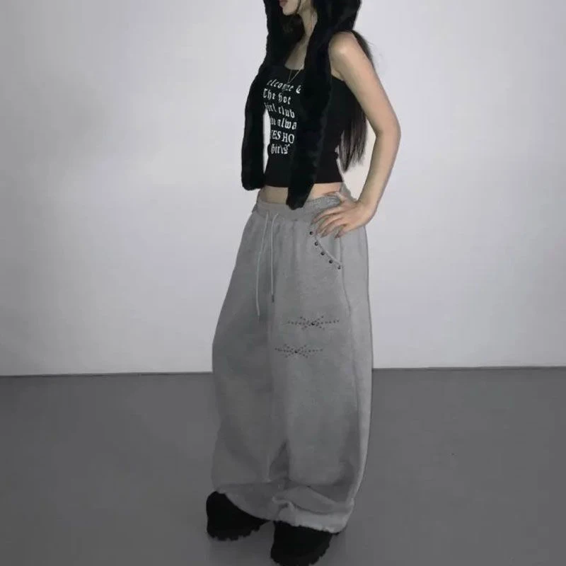MEXZT Y2K Rivet Sweatpants Women Streetwear Fleece Black Baggy Joggers Harajuku Hip Hop Wide Leg Pants Fashion Casual Trousers