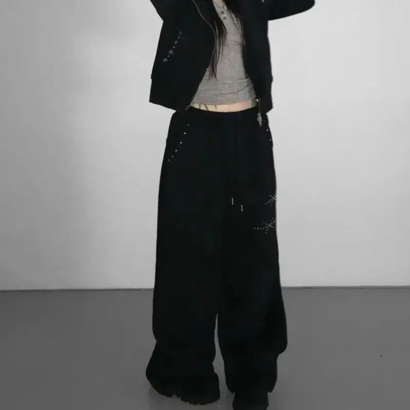 MEXZT Y2K Rivet Sweatpants Women Streetwear Fleece Black Baggy Joggers Harajuku Hip Hop Wide Leg Pants Fashion Casual Trousers