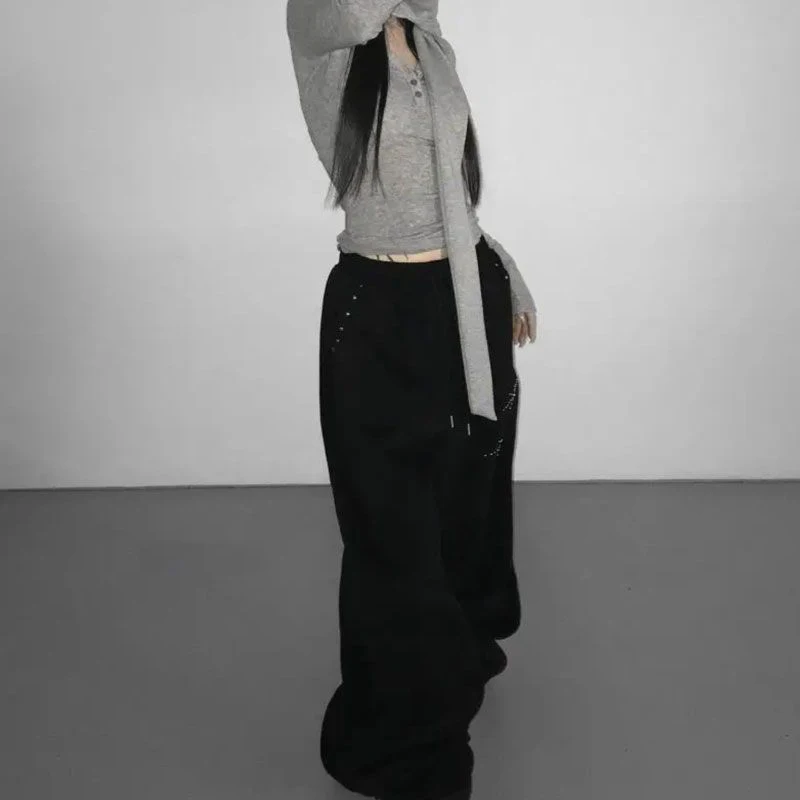 MEXZT Y2K Rivet Sweatpants Women Streetwear Fleece Black Baggy Joggers Harajuku Hip Hop Wide Leg Pants Fashion Casual Trousers