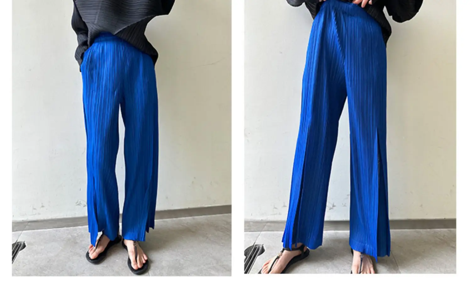 Miyake Pleated Mesh Spliced Casual Pants Women Korean Fashion Designer Elastic Waist Cropped Straight Wide Leg Pants
