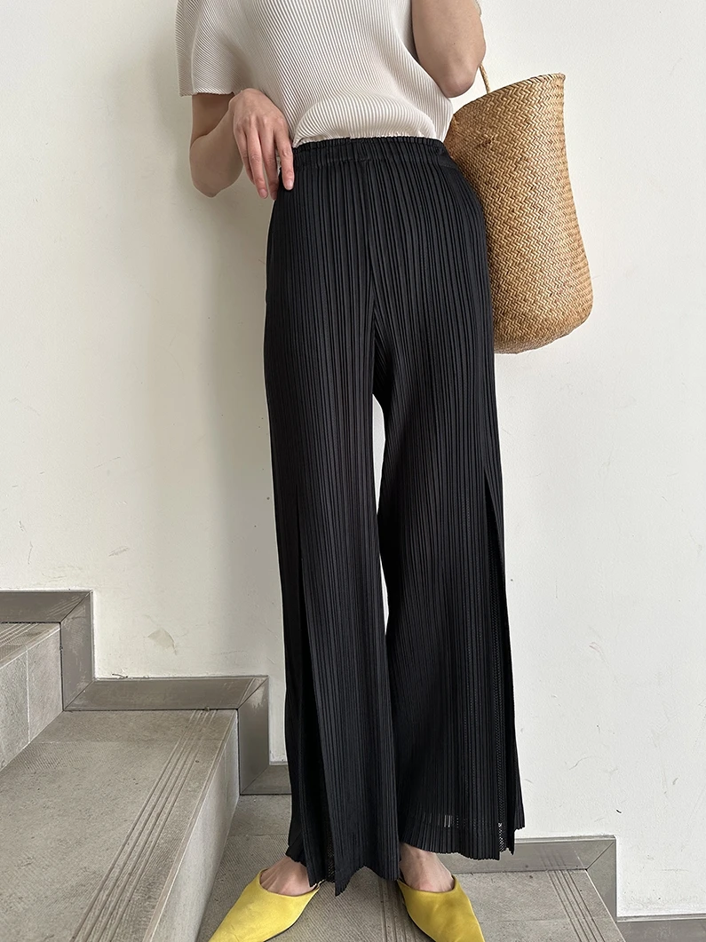 Miyake Pleated Mesh Spliced Casual Pants Women Korean Fashion Designer Elastic Waist Cropped Straight Wide Leg Pants