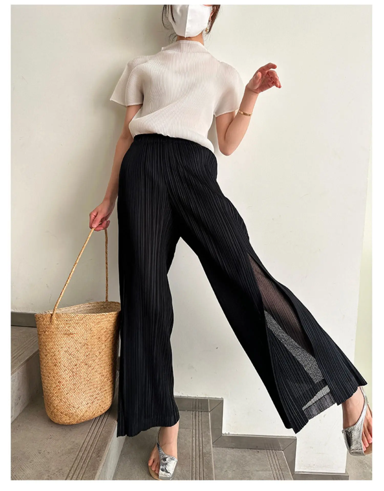 Miyake Pleated Mesh Spliced Casual Pants Women Korean Fashion Designer Elastic Waist Cropped Straight Wide Leg Pants