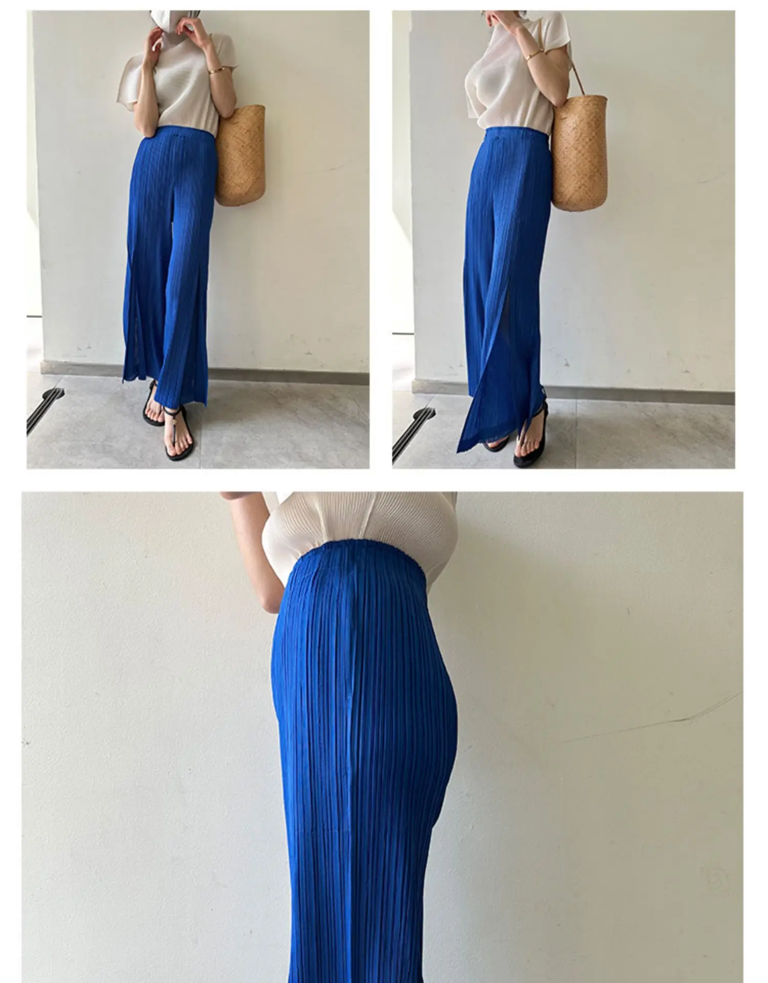 Miyake Pleated Mesh Spliced Casual Pants Women Korean Fashion Designer Elastic Waist Cropped Straight Wide Leg Pants