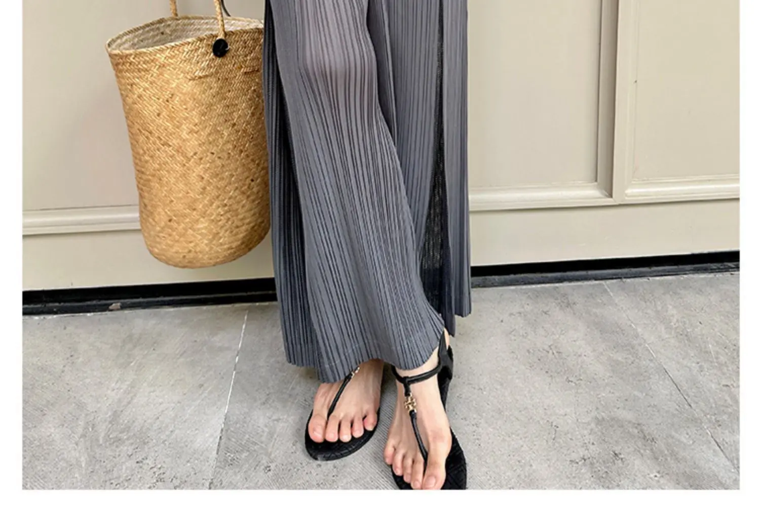 Miyake Pleated Mesh Spliced Casual Pants Women Korean Fashion Designer Elastic Waist Cropped Straight Wide Leg Pants