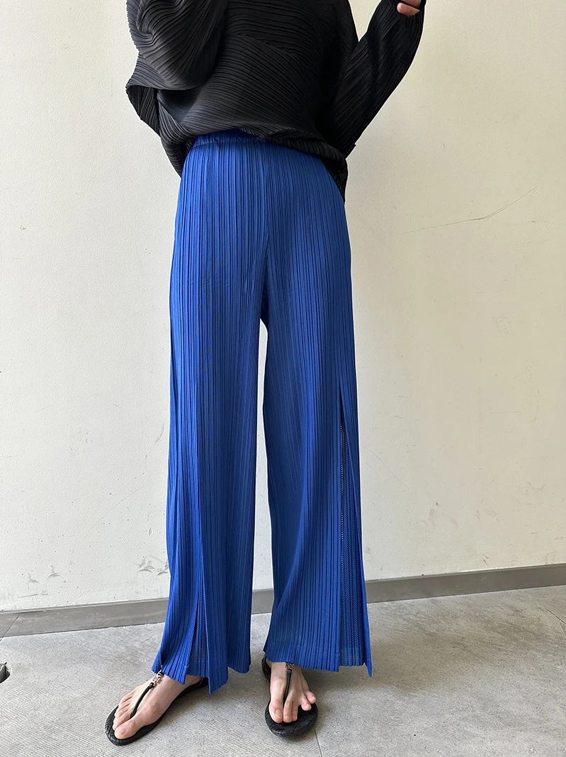 Miyake Pleated Mesh Spliced Casual Pants Women Korean Fashion Designer Elastic Waist Cropped Straight Wide Leg Pants