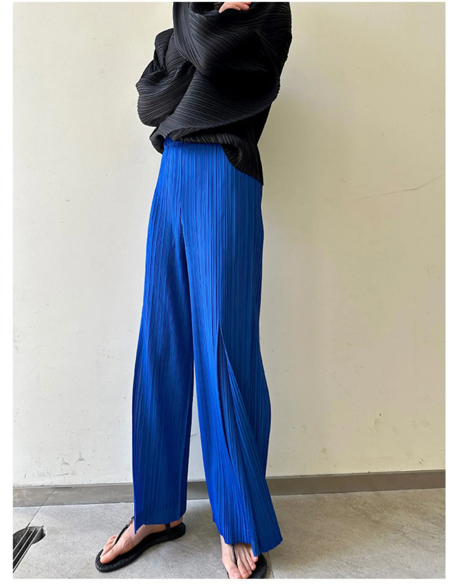 Miyake Pleated Mesh Spliced Casual Pants Women Korean Fashion Designer Elastic Waist Cropped Straight Wide Leg Pants
