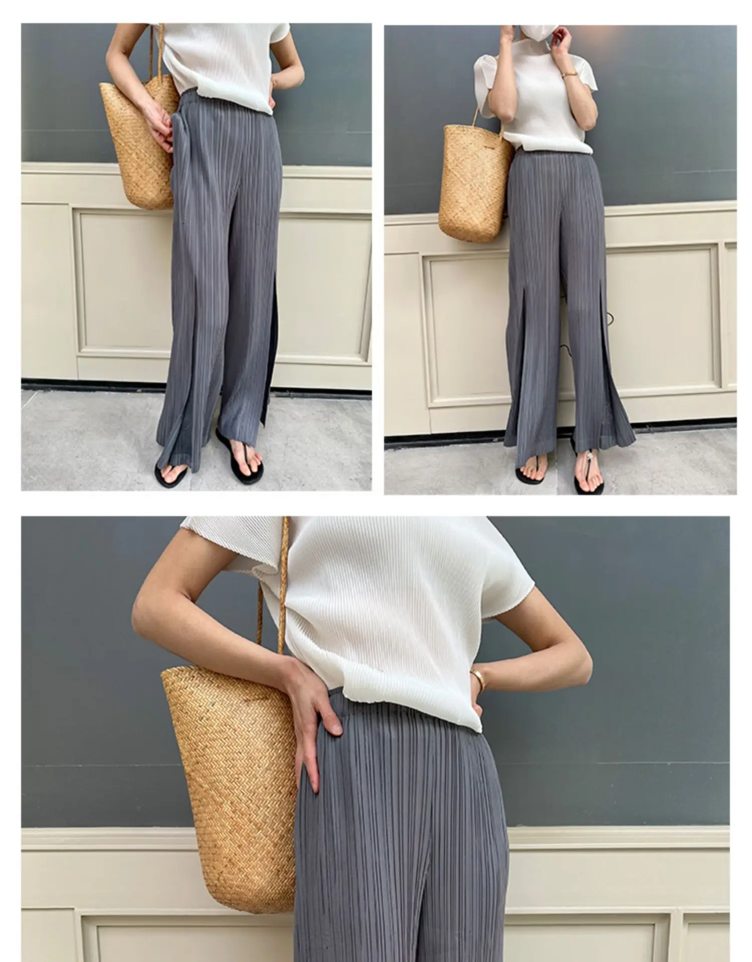 Miyake Pleated Mesh Spliced Casual Pants Women Korean Fashion Designer Elastic Waist Cropped Straight Wide Leg Pants