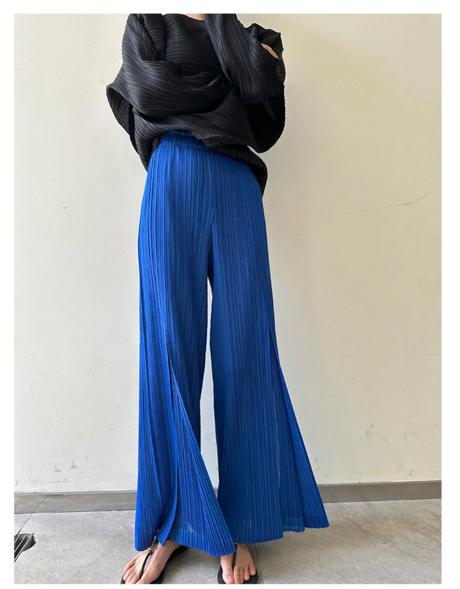 Miyake Pleated Mesh Spliced Casual Pants Women Korean Fashion Designer Elastic Waist Cropped Straight Wide Leg Pants