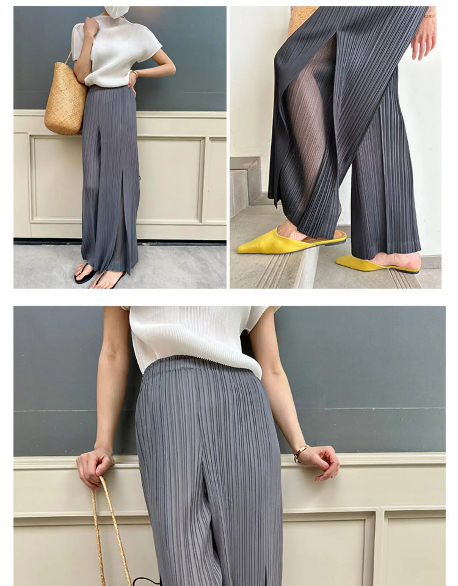 Miyake Pleated Mesh Spliced Casual Pants Women Korean Fashion Designer Elastic Waist Cropped Straight Wide Leg Pants