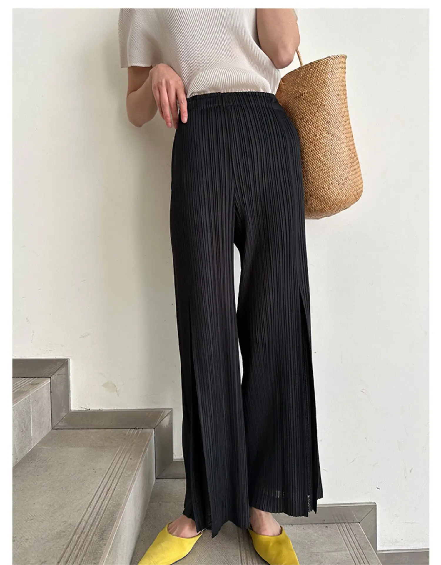 Miyake Pleated Mesh Spliced Casual Pants Women Korean Fashion Designer Elastic Waist Cropped Straight Wide Leg Pants