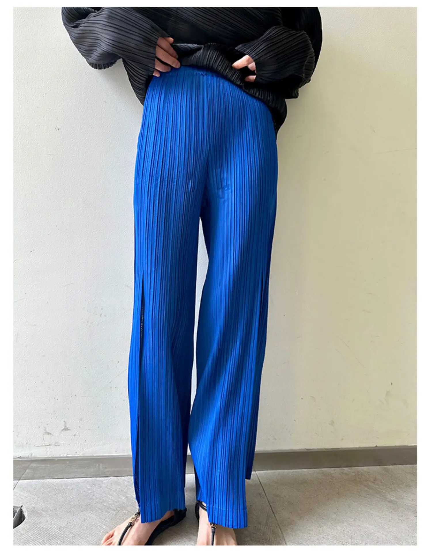 Miyake Pleated Mesh Spliced Casual Pants Women Korean Fashion Designer Elastic Waist Cropped Straight Wide Leg Pants