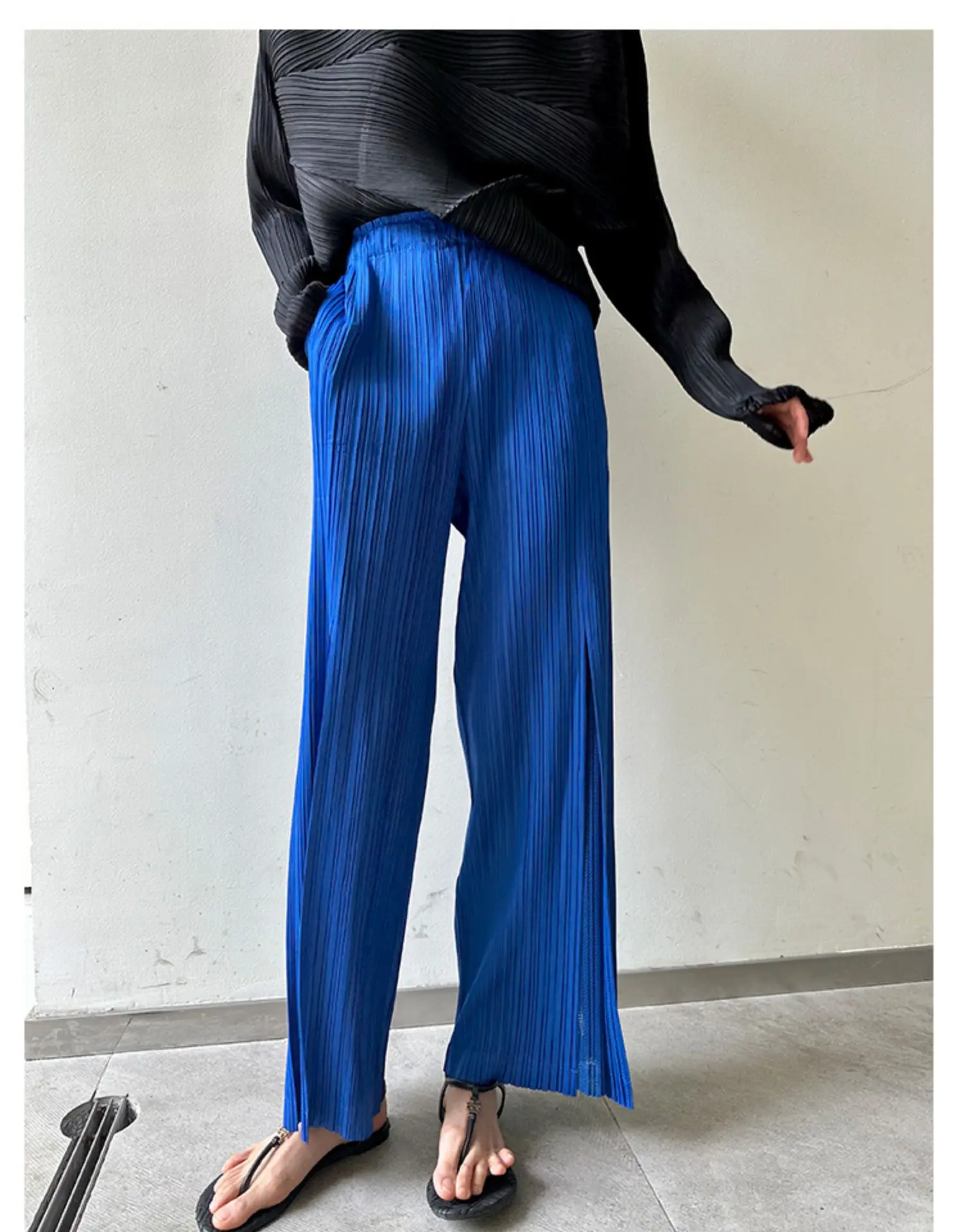 Miyake Pleated Mesh Spliced Casual Pants Women Korean Fashion Designer Elastic Waist Cropped Straight Wide Leg Pants