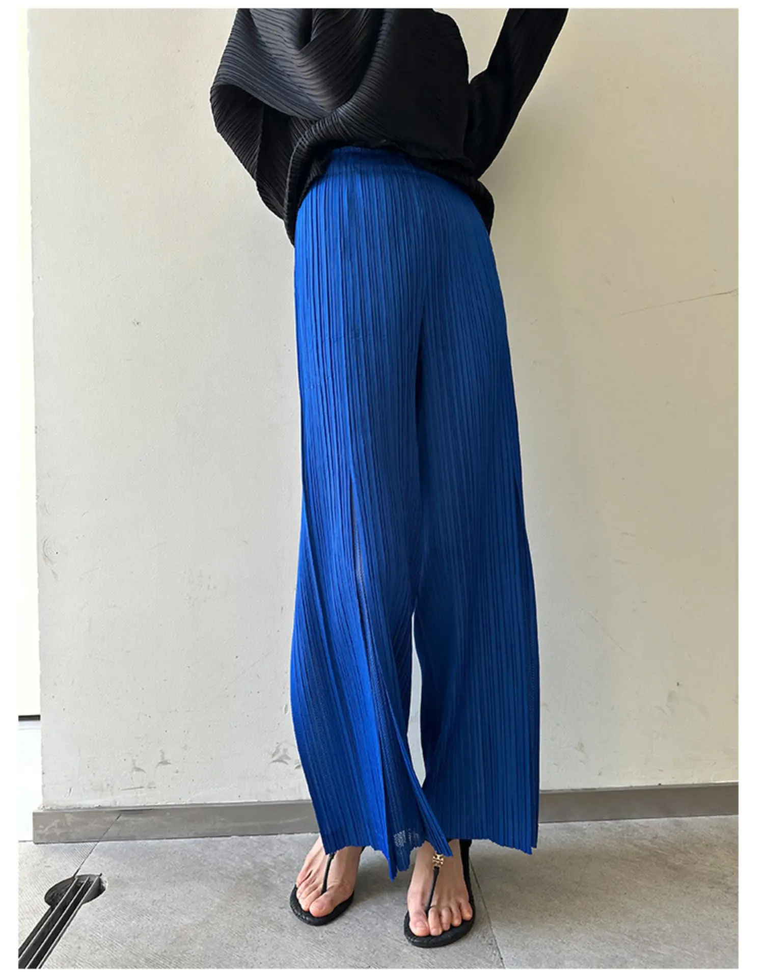 Miyake Pleated Mesh Spliced Casual Pants Women Korean Fashion Designer Elastic Waist Cropped Straight Wide Leg Pants