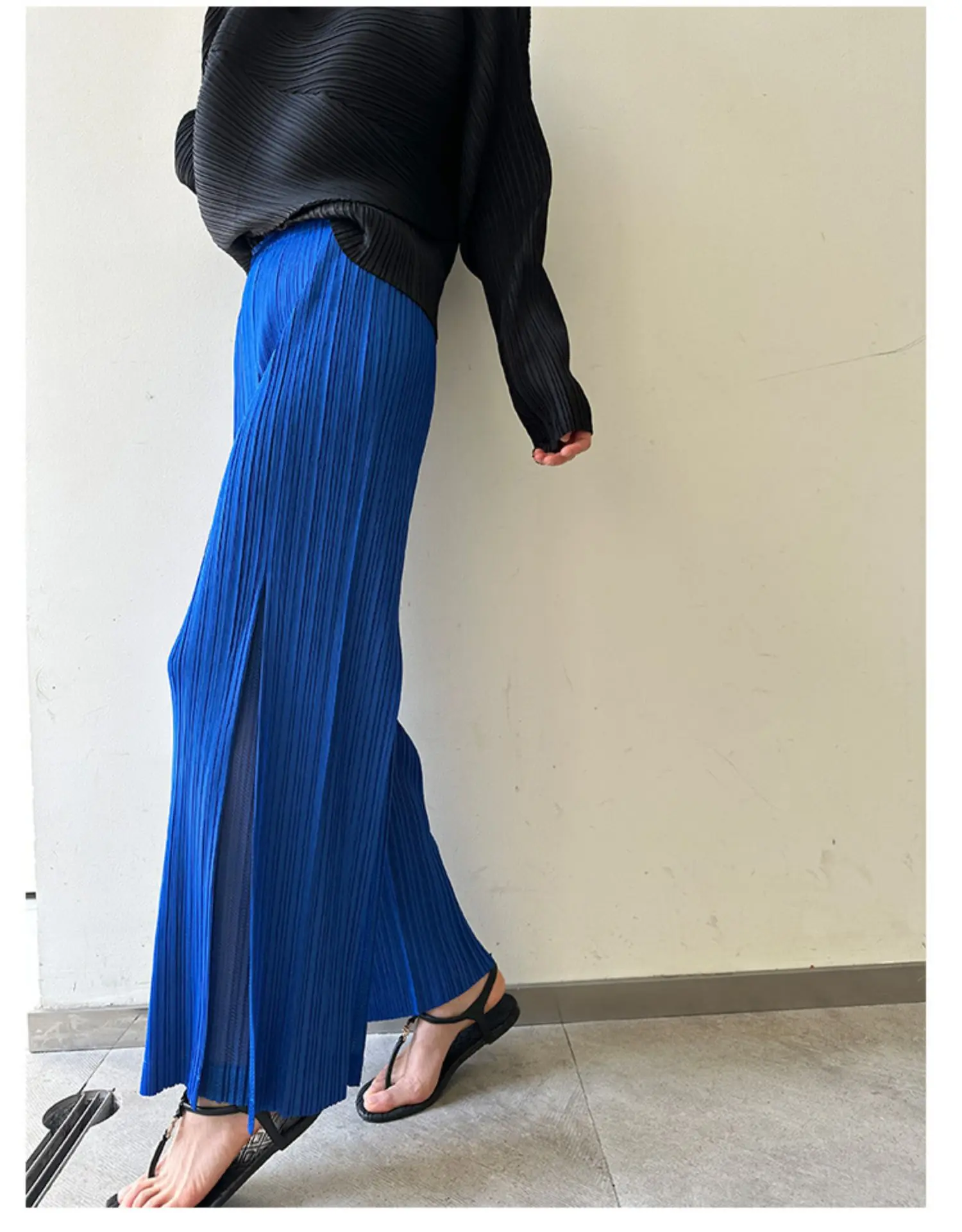 Miyake Pleated Mesh Spliced Casual Pants Women Korean Fashion Designer Elastic Waist Cropped Straight Wide Leg Pants