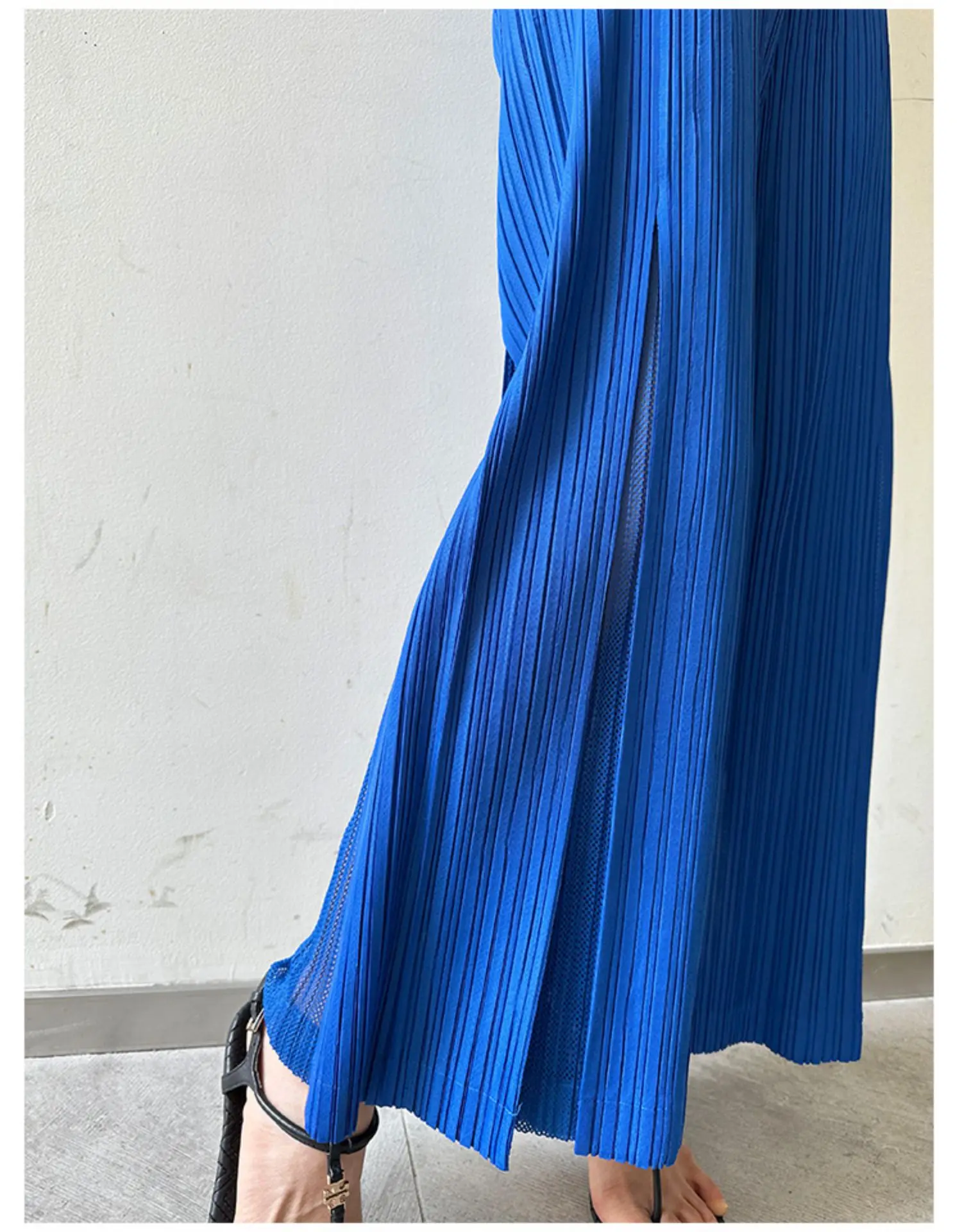 Miyake Pleated Mesh Spliced Casual Pants Women Korean Fashion Designer Elastic Waist Cropped Straight Wide Leg Pants