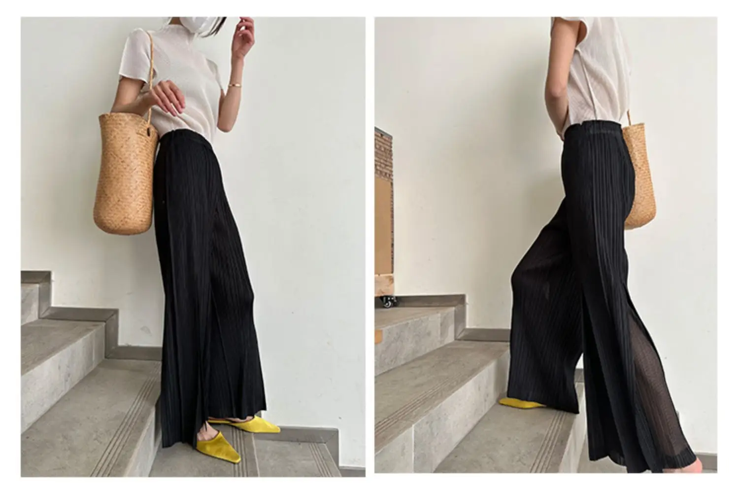 Miyake Pleated Mesh Spliced Casual Pants Women Korean Fashion Designer Elastic Waist Cropped Straight Wide Leg Pants