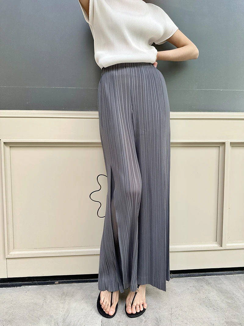 Miyake Pleated Mesh Spliced Casual Pants Women Korean Fashion Designer Elastic Waist Cropped Straight Wide Leg Pants