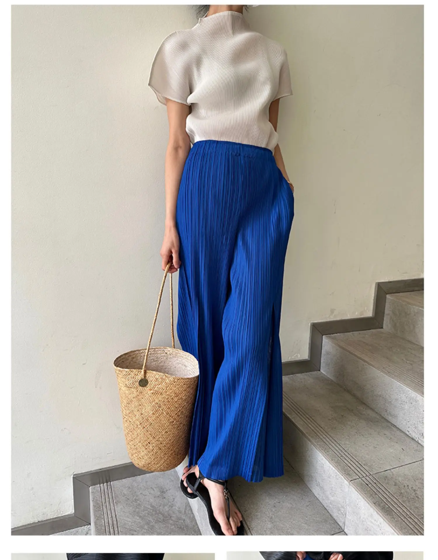 Miyake Pleated Mesh Spliced Casual Pants Women Korean Fashion Designer Elastic Waist Cropped Straight Wide Leg Pants