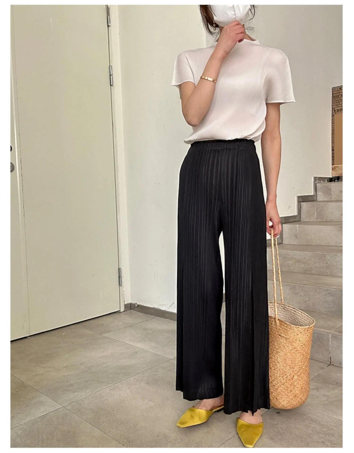 Miyake Pleated Mesh Spliced Casual Pants Women Korean Fashion Designer Elastic Waist Cropped Straight Wide Leg Pants