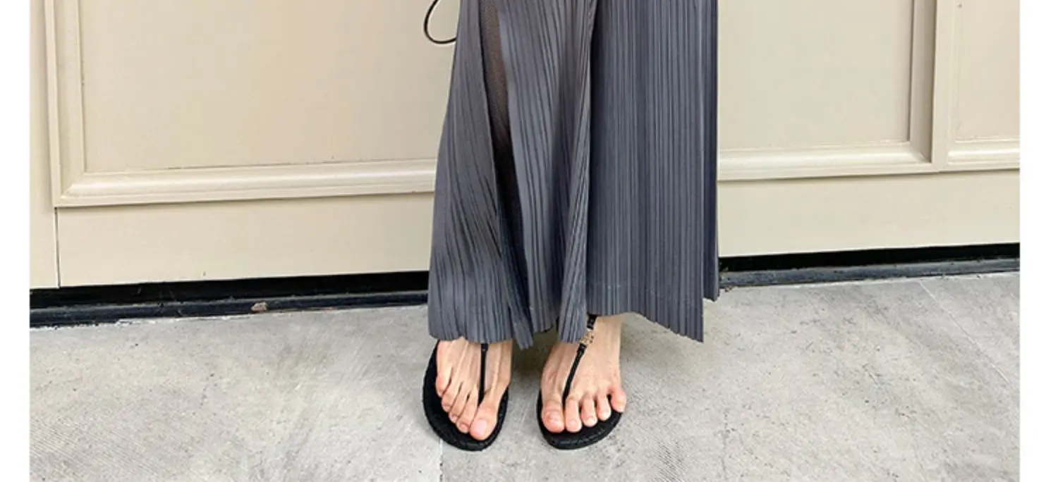 Miyake Pleated Mesh Spliced Casual Pants Women Korean Fashion Designer Elastic Waist Cropped Straight Wide Leg Pants