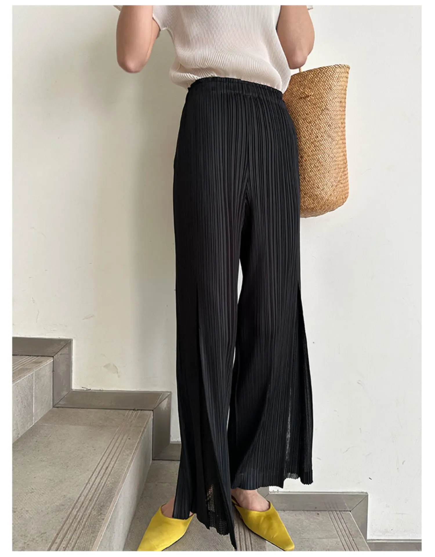 Miyake Pleated Mesh Spliced Casual Pants Women Korean Fashion Designer Elastic Waist Cropped Straight Wide Leg Pants