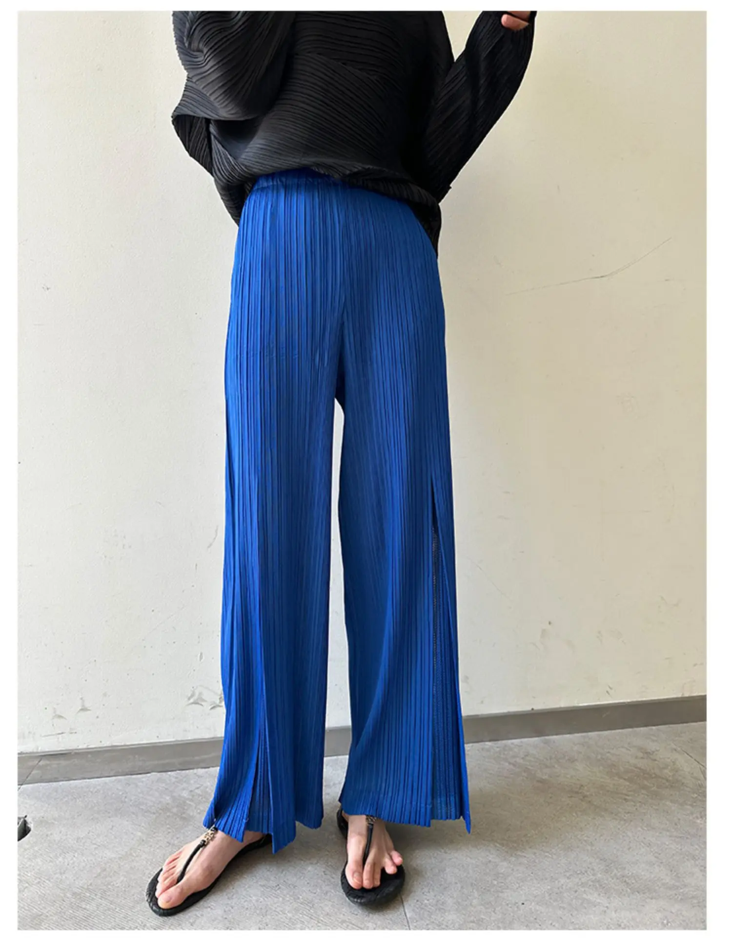 Miyake Pleated Mesh Spliced Casual Pants Women Korean Fashion Designer Elastic Waist Cropped Straight Wide Leg Pants