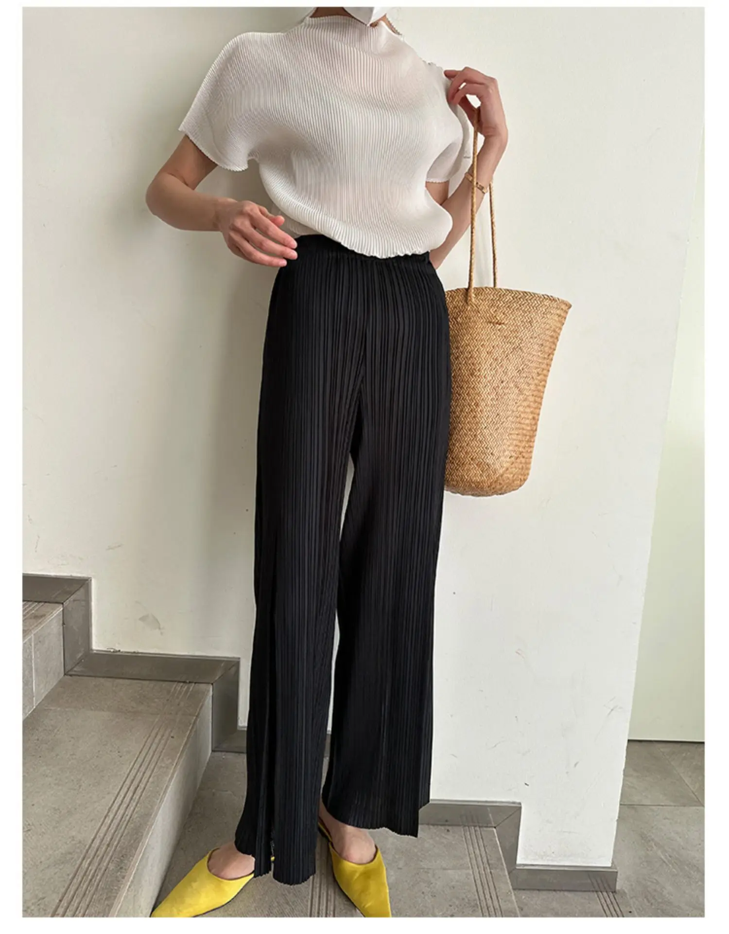 Miyake Pleated Mesh Spliced Casual Pants Women Korean Fashion Designer Elastic Waist Cropped Straight Wide Leg Pants