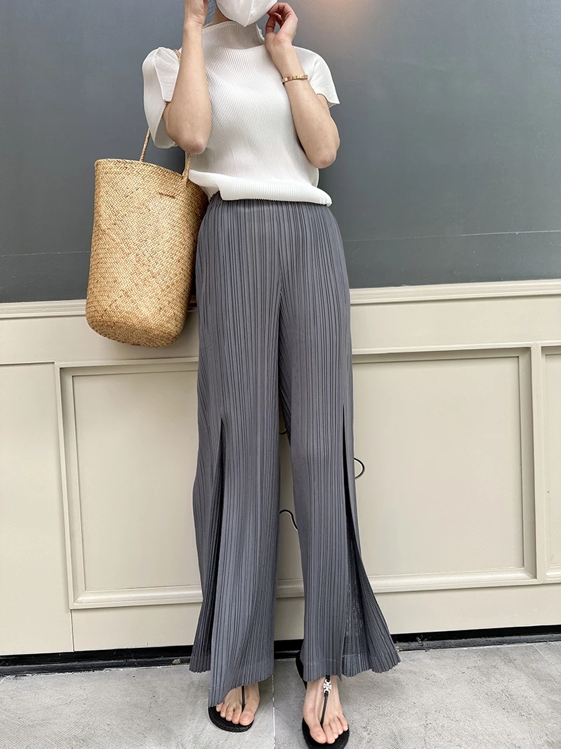 Miyake Pleated Mesh Spliced Casual Pants Women Korean Fashion Designer Elastic Waist Cropped Straight Wide Leg Pants