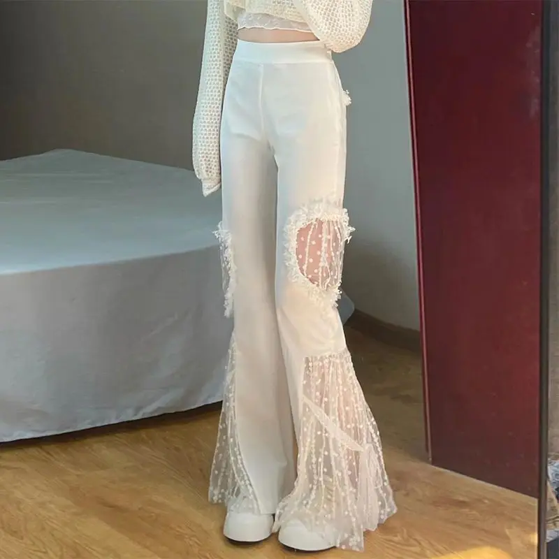High Waist Flare Pants Women Fairycore Lace Sexy Cut Out Graphic Sense Spliced Pocket Lacework Elastic Waists Wide Leg Pant
