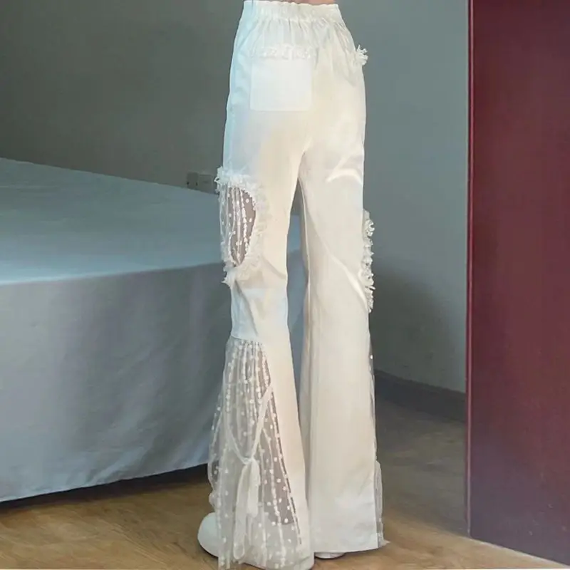 High Waist Flare Pants Women Fairycore Lace Sexy Cut Out Graphic Sense Spliced Pocket Lacework Elastic Waists Wide Leg Pant